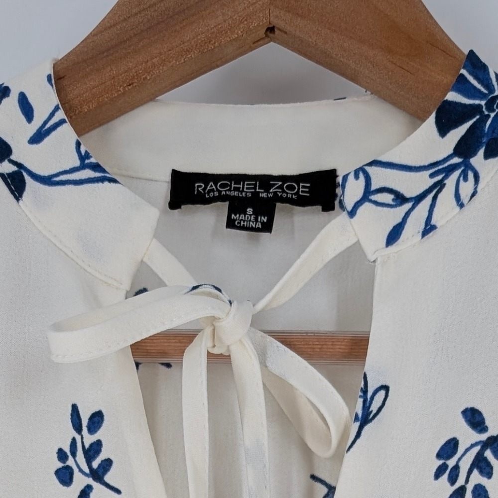 Rachel Zoe Blue White Floral Tie Neck Long Sleeve Tiered Mini Dress Small - Picture 9 of 11